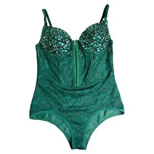 Windsor Rhinestone Green Bodysuit Corset NWT Gems Bustier Boning Adjustable Top